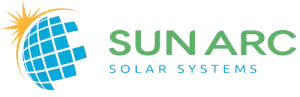 Sun Arc Solar Logo containing a globe made out of solar panels in blue